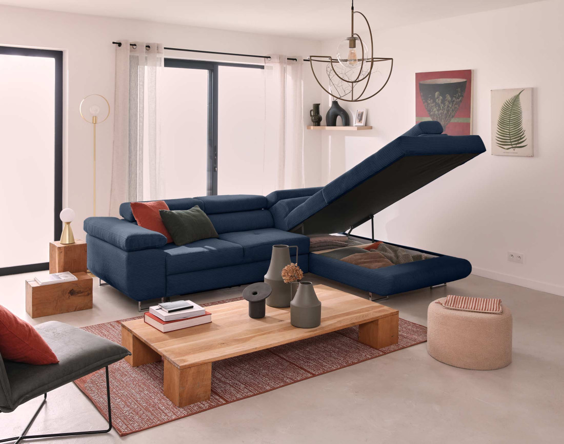 Canapé d'angle droit convertible avec coffre et têtières 5 places en velours côtelé Zaria