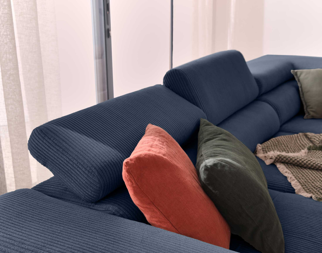 Canapé d'angle droit convertible avec coffre et têtières 5 places en velours côtelé Zaria