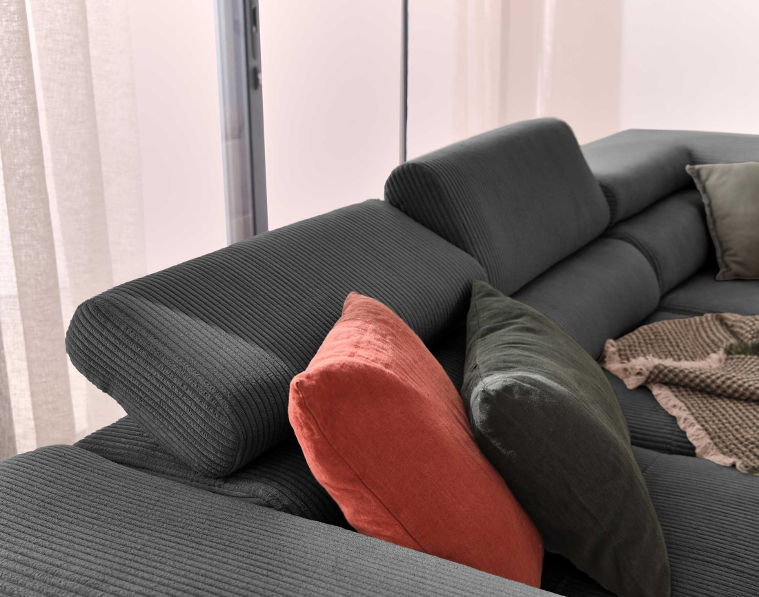 Canapé d'angle droit convertible avec coffre et têtières 5 places en velours côtelé Zaria
