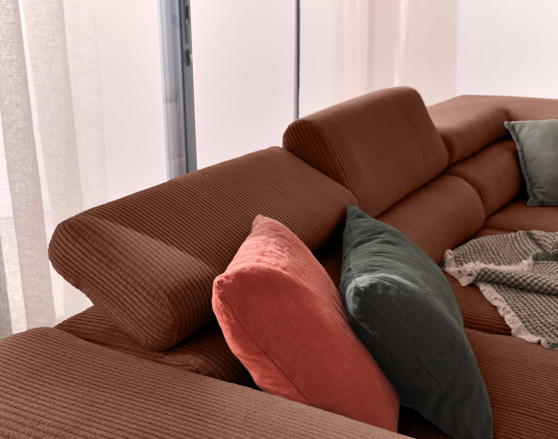 Canapé d'angle droit convertible avec coffre et têtières 5 places en velours côtelé Zaria