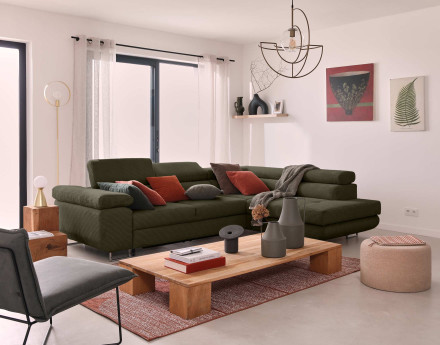 Canapé d'angle droit convertible avec coffre et têtières 5 places en velours côtelé Zaria