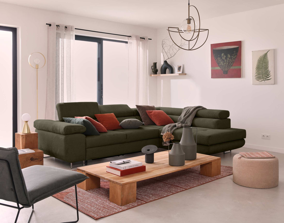 Canapé d'angle droit convertible avec coffre et têtières 5 places en velours côtelé Zaria