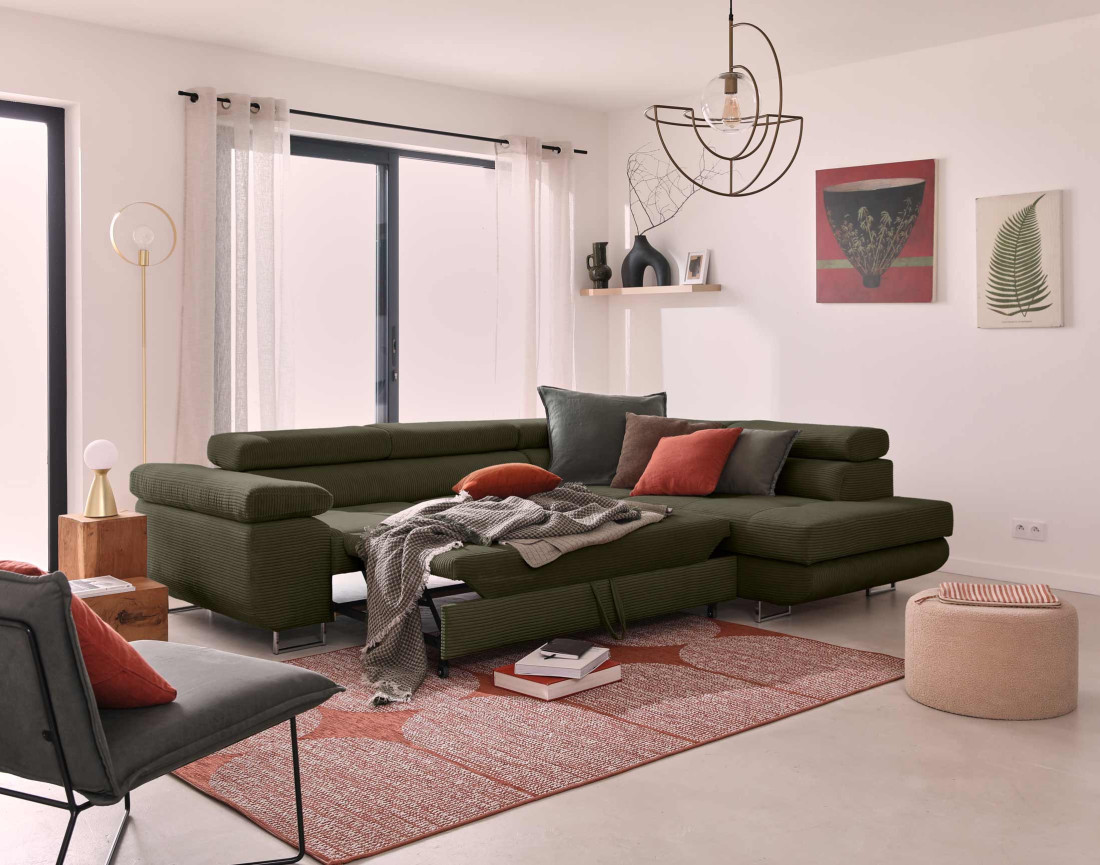 Canapé d'angle droit convertible avec coffre et têtières 5 places en velours côtelé Zaria