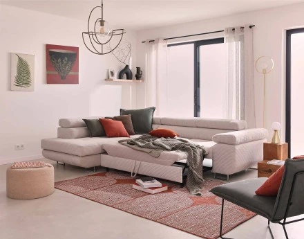 Canapé d'angle gauche convertible avec coffre et têtières 5 places en velours côtelé Zaria