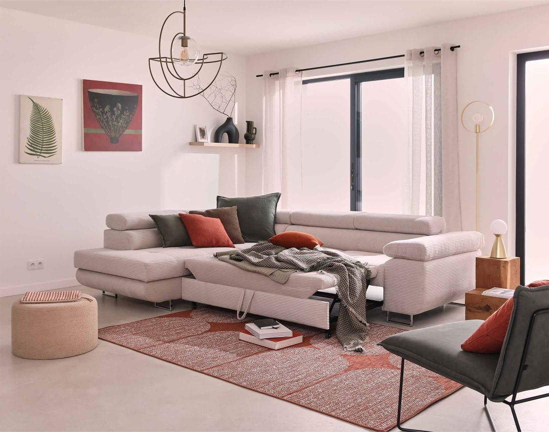 Canapé d'angle gauche convertible avec coffre et têtières 5 places en velours côtelé Zaria Canapé d'angle gauche convertible avec coffre et têtières 5 places en velours côtelé Zaria