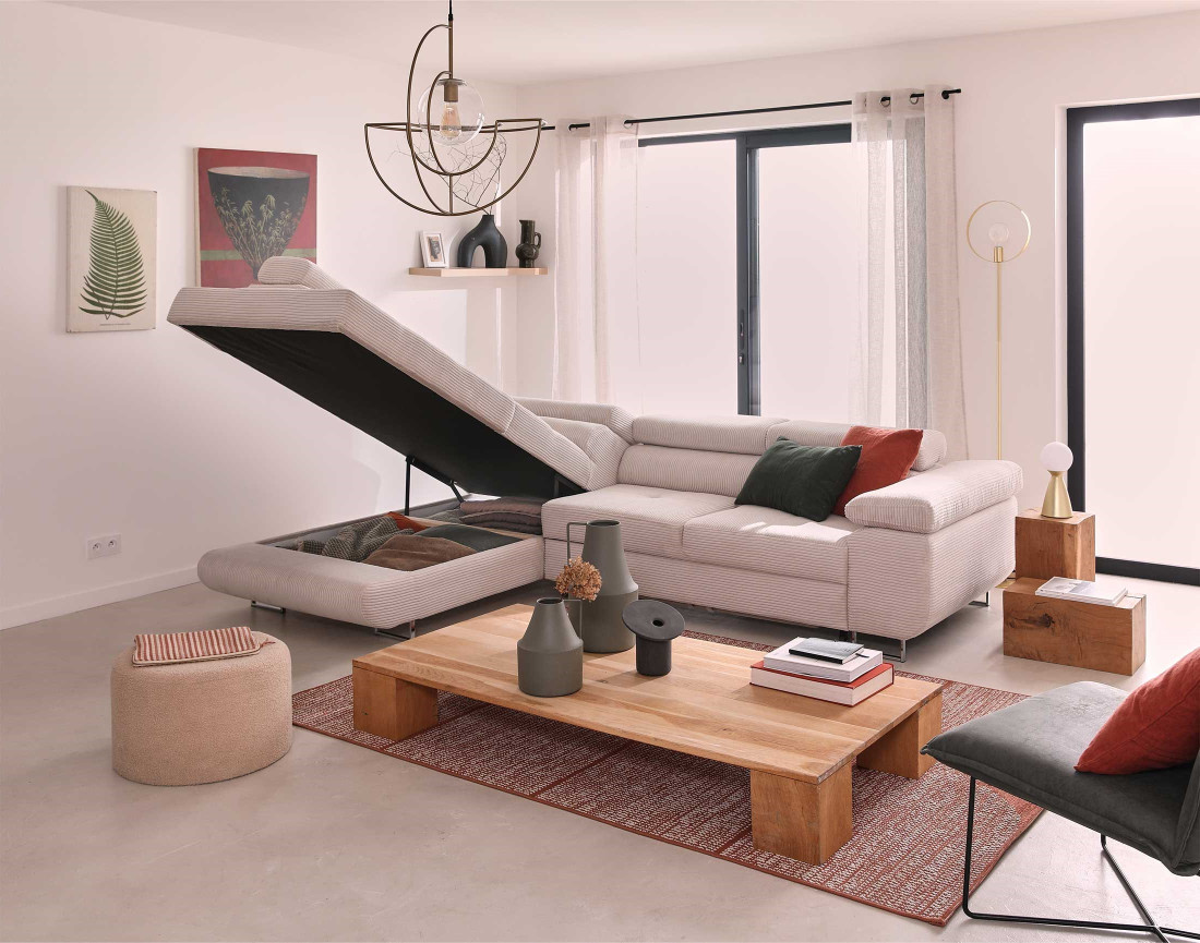 Canapé d'angle gauche convertible avec coffre et têtières 5 places en velours côtelé Zaria Canapé d'angle gauche convertible avec coffre et têtières 5 places en velours côtelé Zaria