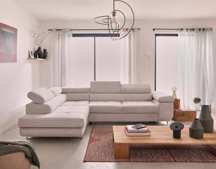 Canapé d'angle gauche convertible avec coffre et têtières 5 places en velours côtelé Zaria