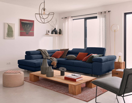 Canapé d'angle gauche convertible avec coffre et têtières 5 places en velours côtelé Zaria