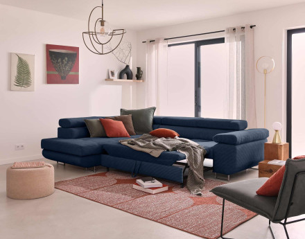 Canapé d'angle gauche convertible avec coffre et têtières 5 places en velours côtelé Zaria