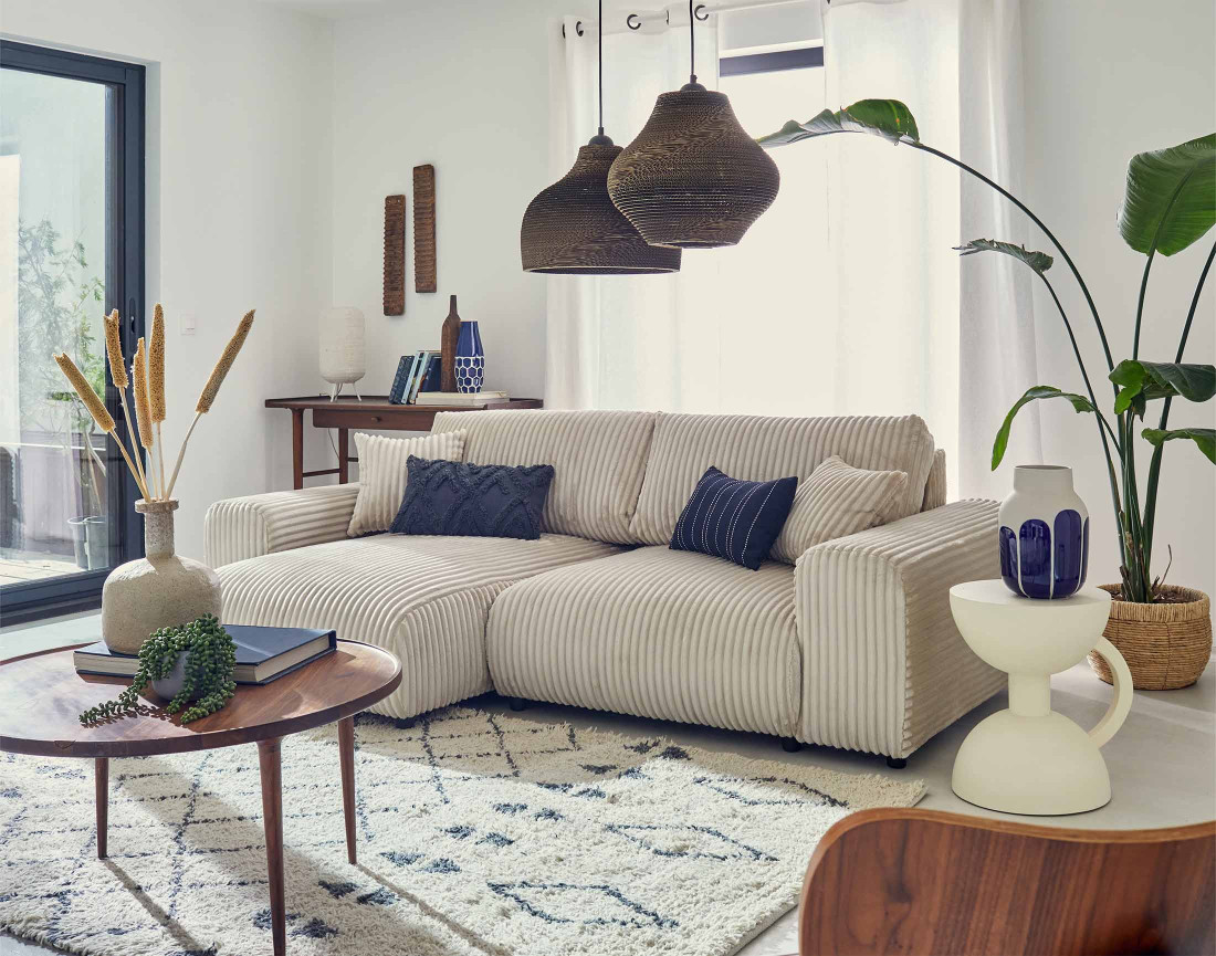 Canapé d'angle réversible 4 places en velours côtelé grosses côtes Garance