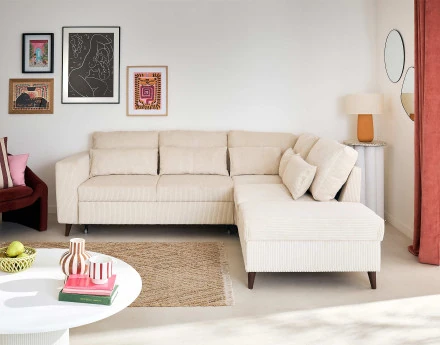 Canapé d'angle réversible 5 places convertible avec coffre en velours côtelé - Aubépine