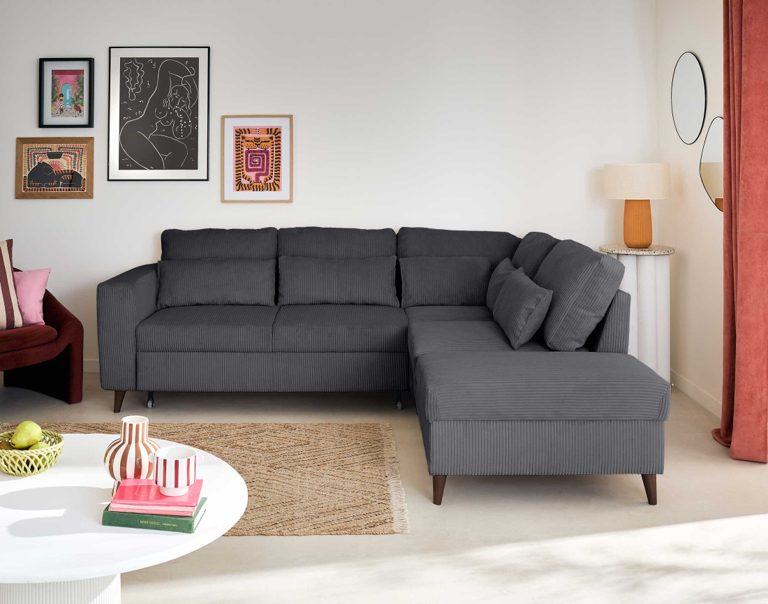 Canapé d'angle réversible 5 places convertible avec coffre en velours côtelé - Aubépine