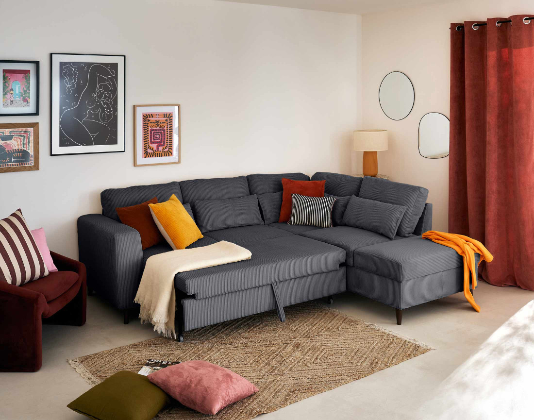 Canapé d'angle réversible 5 places convertible avec coffre en velours côtelé - Aubépine