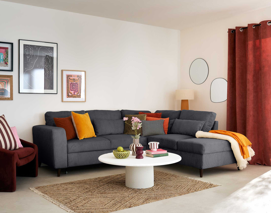 Canapé d'angle réversible 5 places convertible avec coffre en velours côtelé - Aubépine