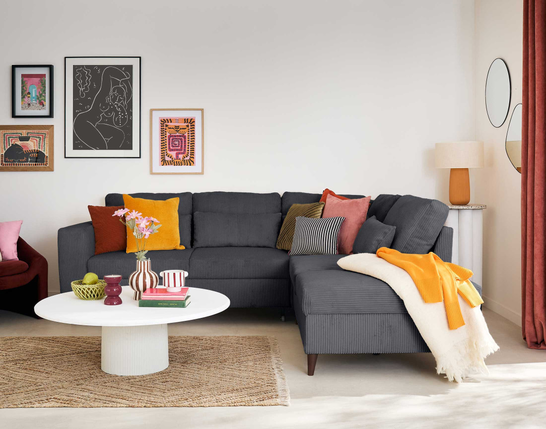 Canapé d'angle réversible 5 places convertible avec coffre en velours côtelé - Aubépine