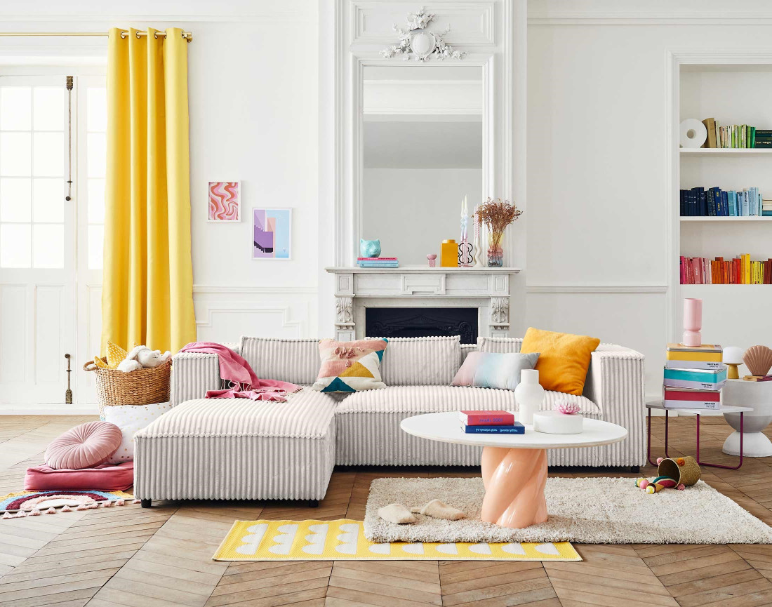 Canapé d'angle gauche 4 places en velours côtelé grosses côtes Stella