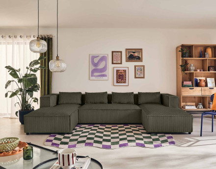 Canapé panoramique en U 7 places en velours côtelé grosses côtes Stella