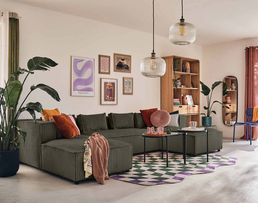 Canapé panoramique en U 7 places en velours côtelé grosses côtes Stella