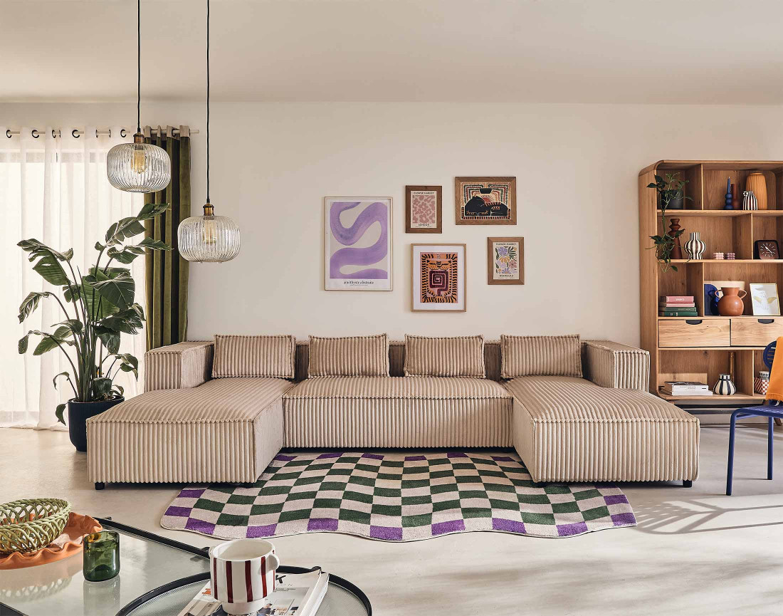 Canapé panoramique en U 7 places en velours côtelé grosses côtes Stella Canapé panoramique en U 7 places en velours côtelé grosses côtes Stella