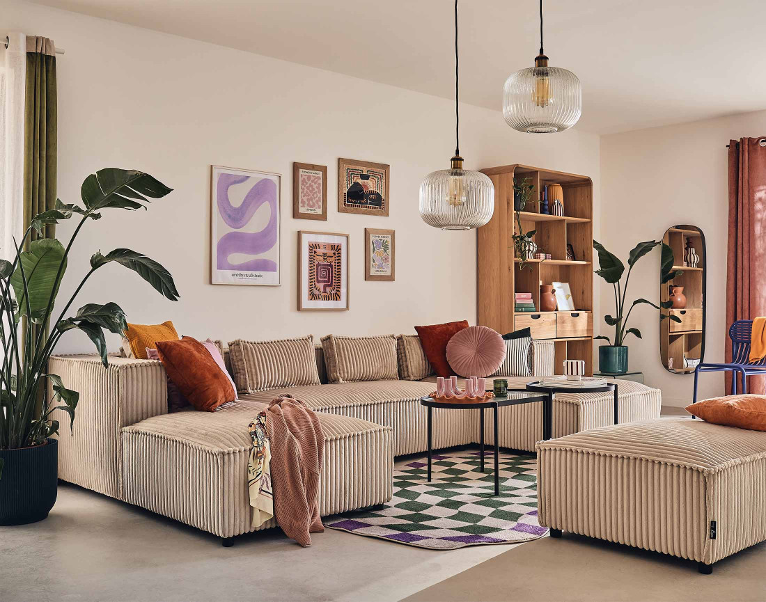 Canapé panoramique en U 7 places en velours côtelé grosses côtes Stella Canapé panoramique en U 7 places en velours côtelé grosses côtes Stella