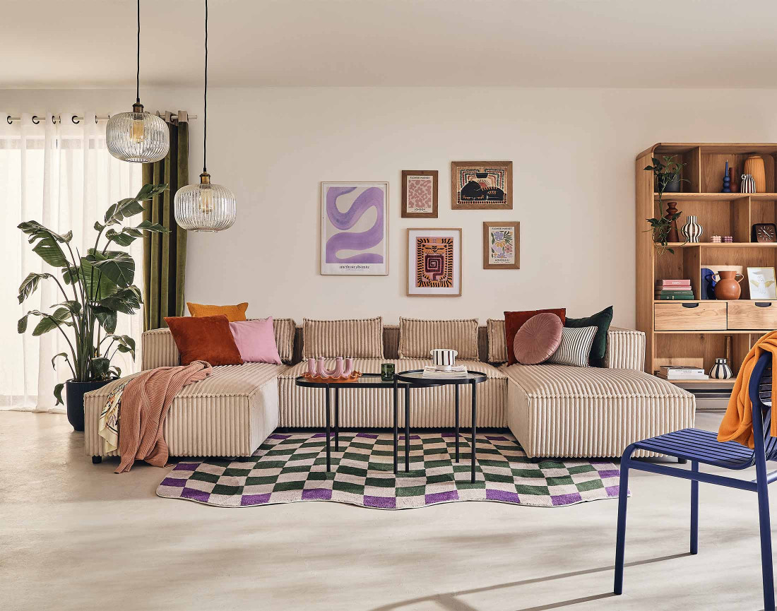 Canapé panoramique en U 7 places en velours côtelé grosses côtes Stella Canapé panoramique en U 7 places en velours côtelé grosses côtes Stella