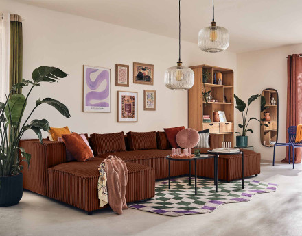 Canapé panoramique en U 7 places en velours côtelé grosses côtes Stella