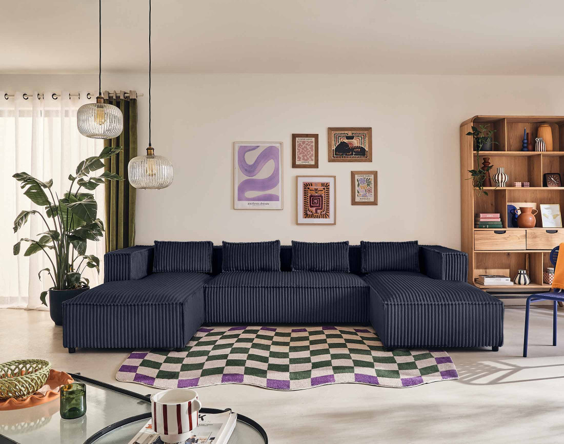 Canapé panoramique en U 7 places en velours côtelé grosses côtes Stella