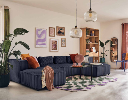 Canapé panoramique en U 7 places en velours côtelé grosses côtes Stella