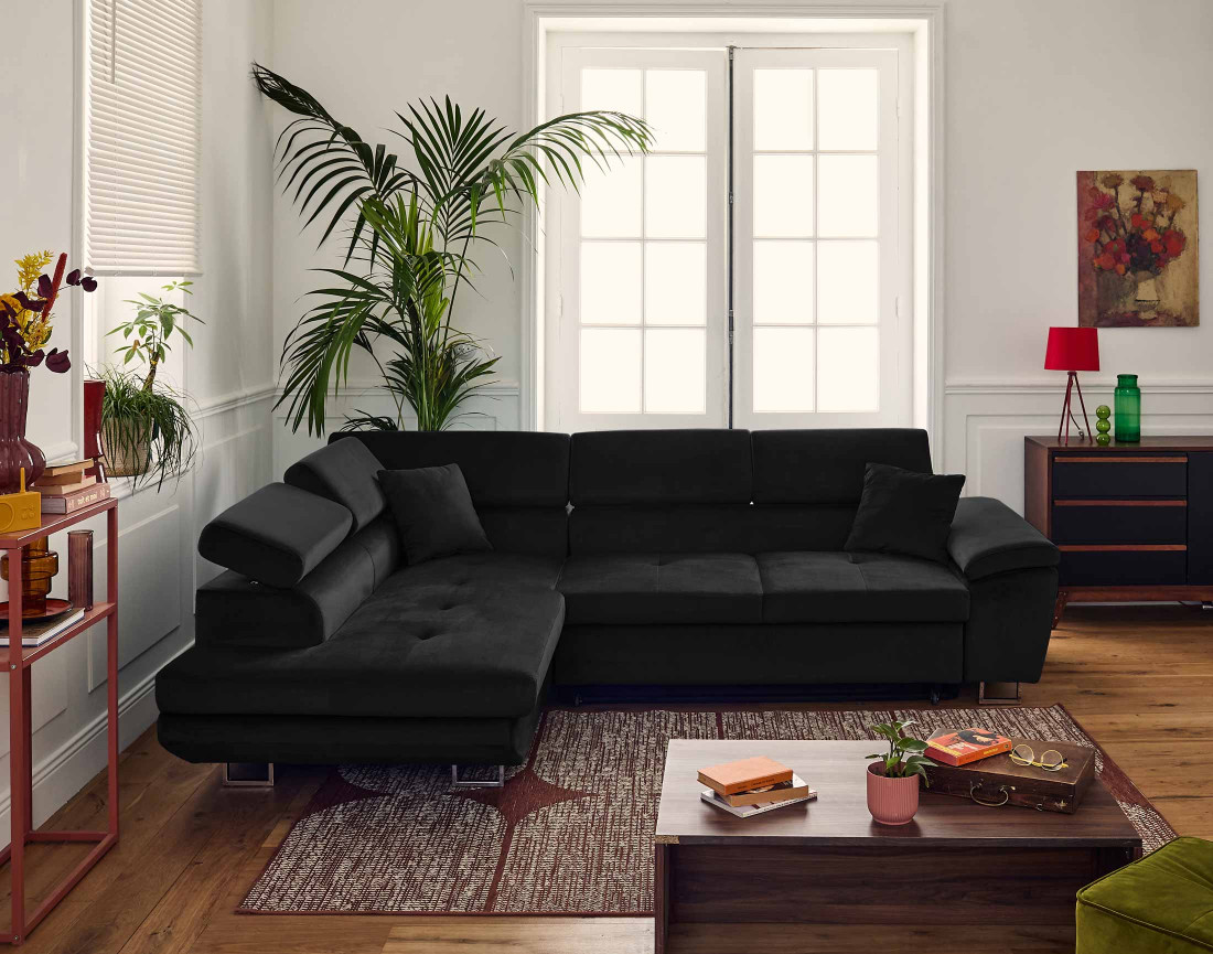 Canapé d'angle gauche 5 places convertible avec coffre et têtières réglables en velours Dimas Canapé d'angle gauche 5 places convertible avec coffre et têtières réglables en velours Dimas