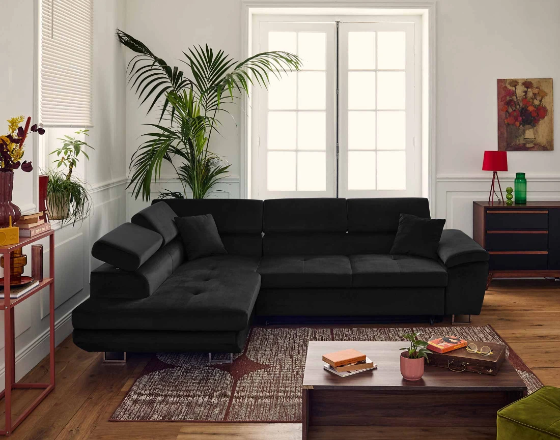 Canapé d'angle gauche 5 places convertible avec coffre et têtières réglables en velours Dimas