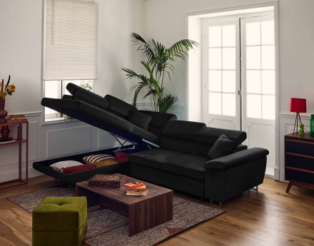 Canapé d'angle gauche 5 places convertible avec coffre et têtières réglables en velours Dimas