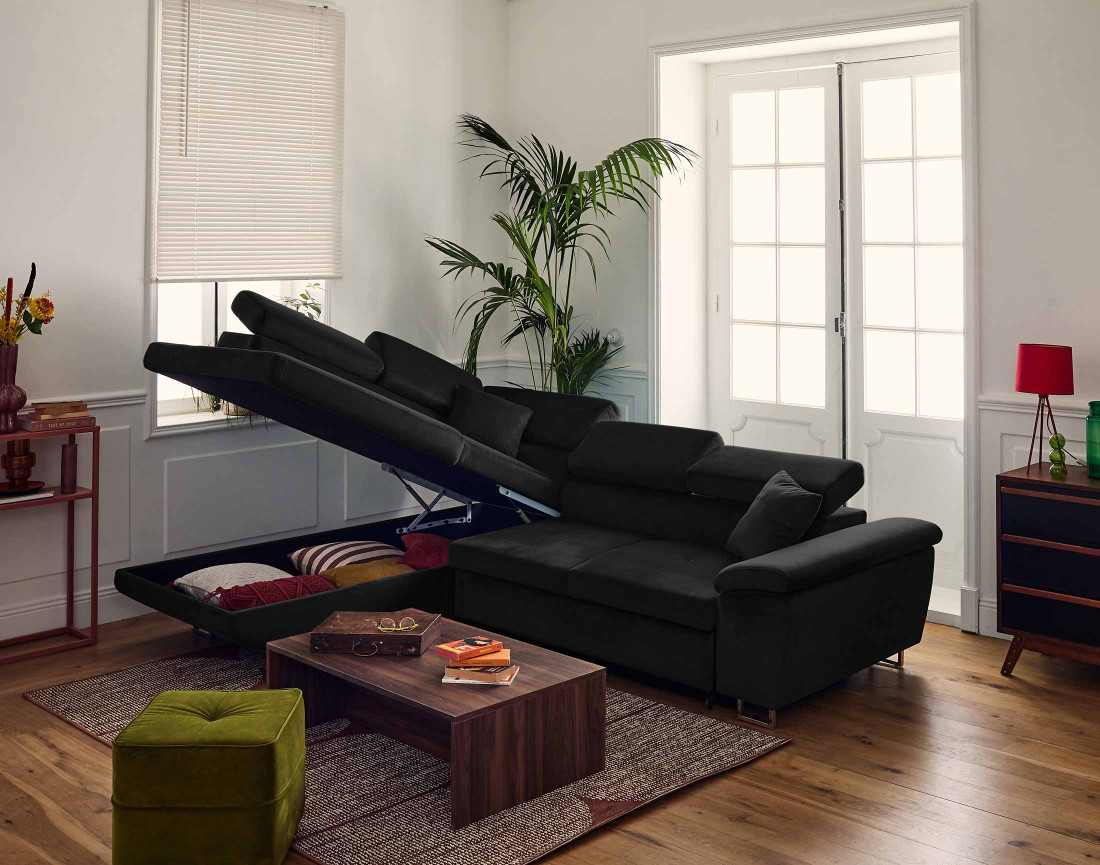 Canapé d'angle gauche 5 places convertible avec coffre et têtières réglables en velours Dimas Canapé d'angle gauche 5 places convertible avec coffre et têtières réglables en velours Dimas