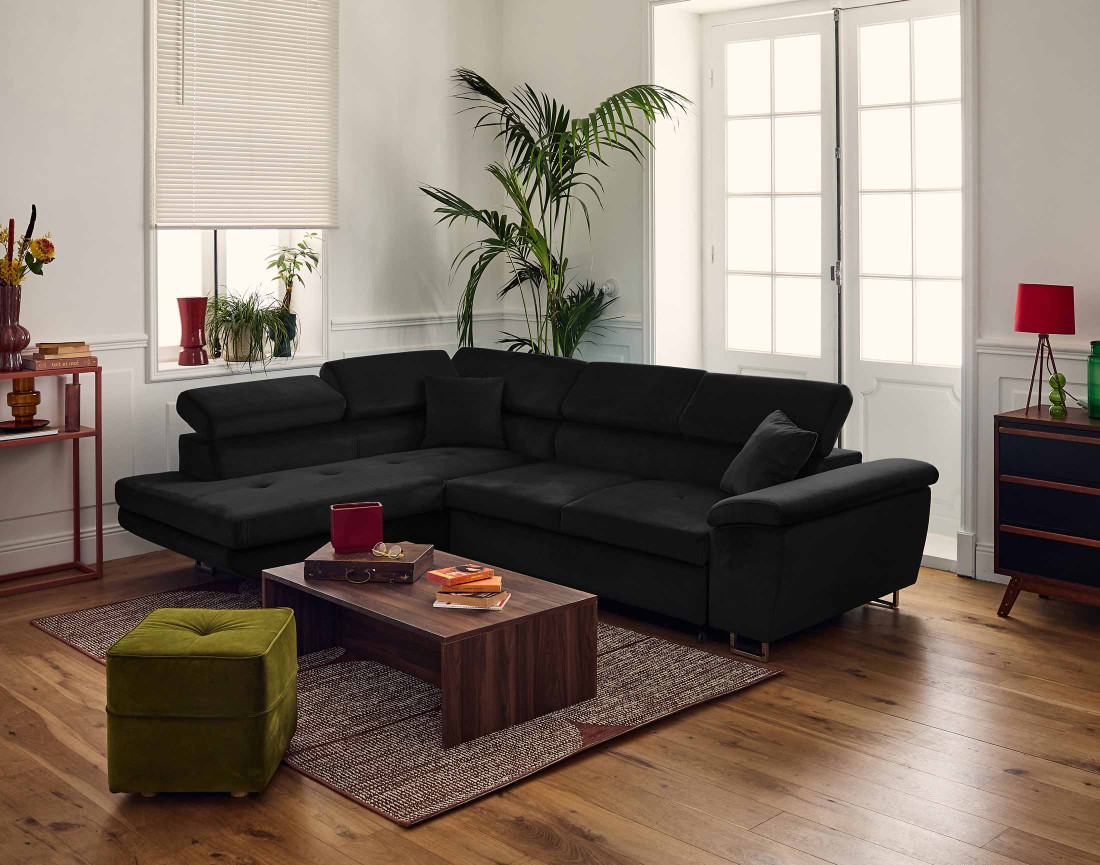 Canapé d'angle gauche 5 places convertible avec coffre et têtières réglables en velours Dimas Canapé d'angle gauche 5 places convertible avec coffre et têtières réglables en velours Dimas