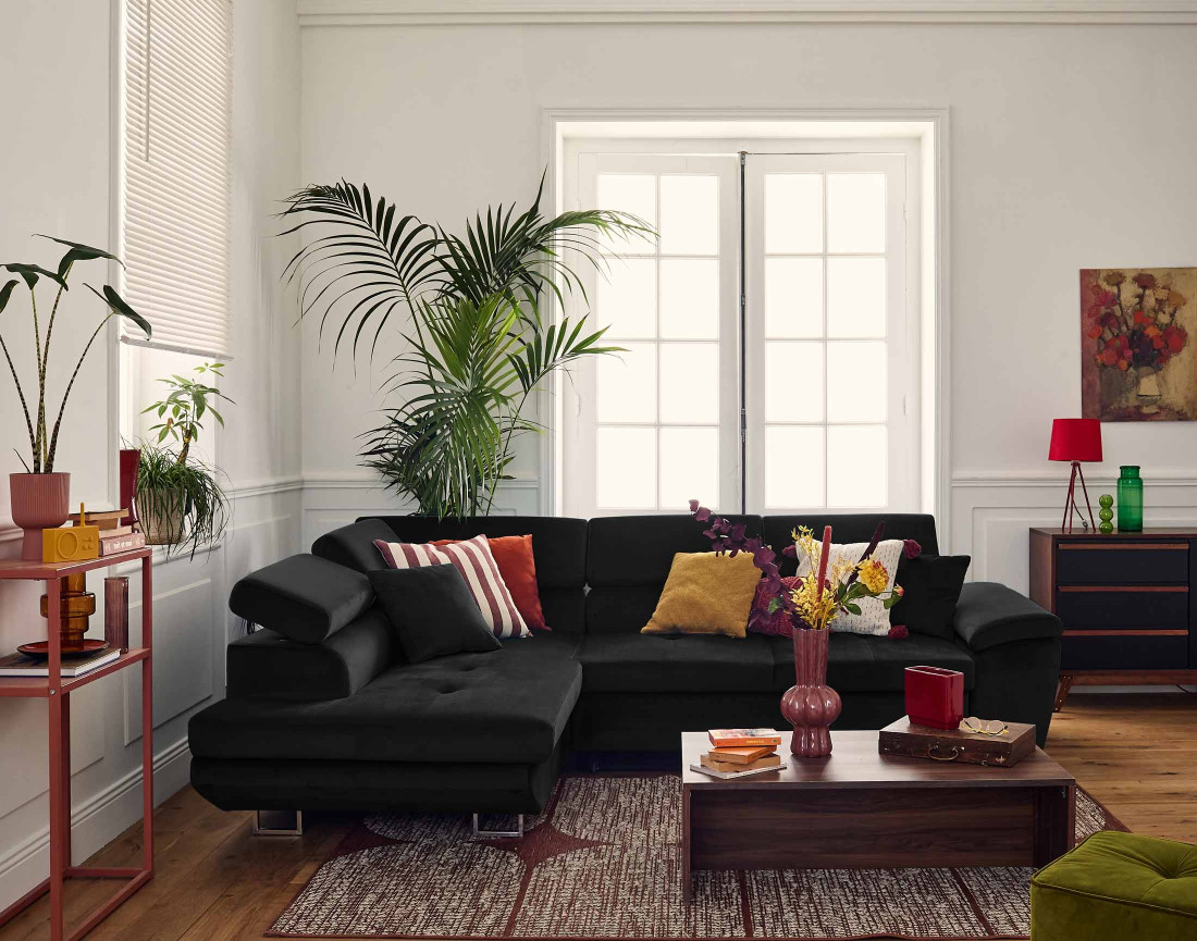 Canapé d'angle gauche 5 places convertible avec coffre et têtières réglables en velours Dimas Canapé d'angle gauche 5 places convertible avec coffre et têtières réglables en velours Dimas