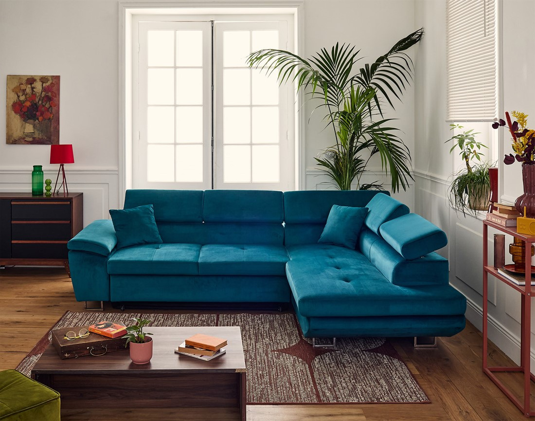 Canapé d'angle droit 5 places convertible avec coffre et têtières réglables en velours Dimas