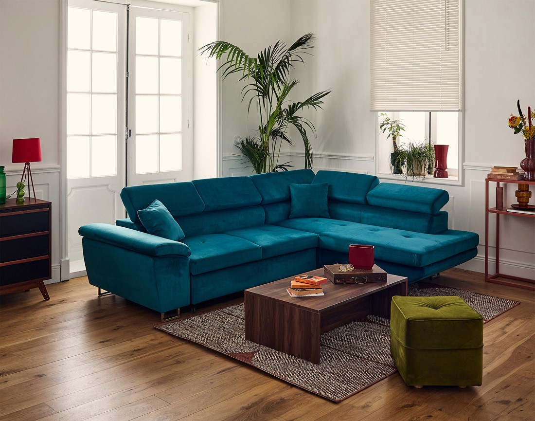 Canapé d'angle droit 5 places convertible avec coffre et têtières réglables en velours Dimas