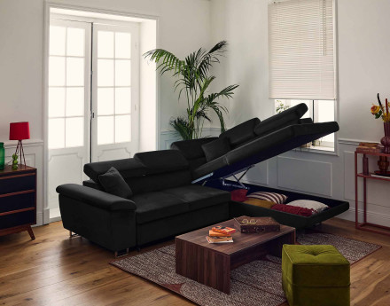 Canapé d'angle droit 5 places convertible avec coffre et têtières réglables en velours Dimas