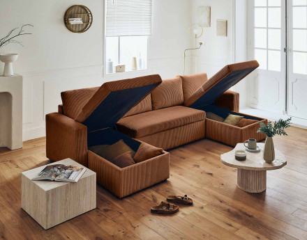 Canapé panoramique en U 7 places convertible avec coffre en velours côtelé Cyrus