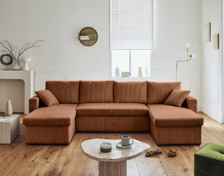 Canapé panoramique en U 7 places convertible avec coffre en velours côtelé Cyrus