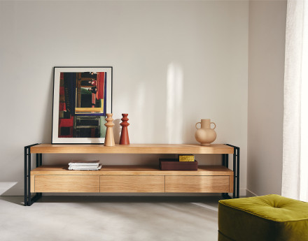 Meuble TV bois et noir 3 tiroirs 200 cm Bogota