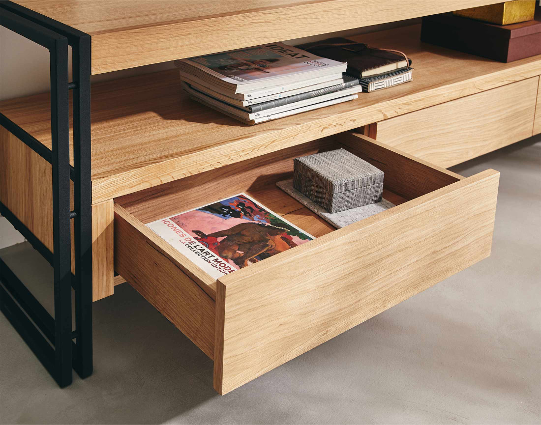 Meuble TV bois et noir 3 tiroirs 200 cm Bogota