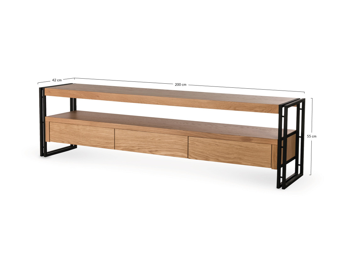 Meuble TV bois et noir 3 tiroirs 200 cm Bogota