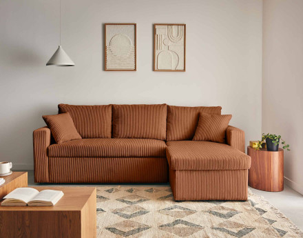 Canapé d'angle réversible 4 places convertible avec coffre en velours côtelé Cyrus