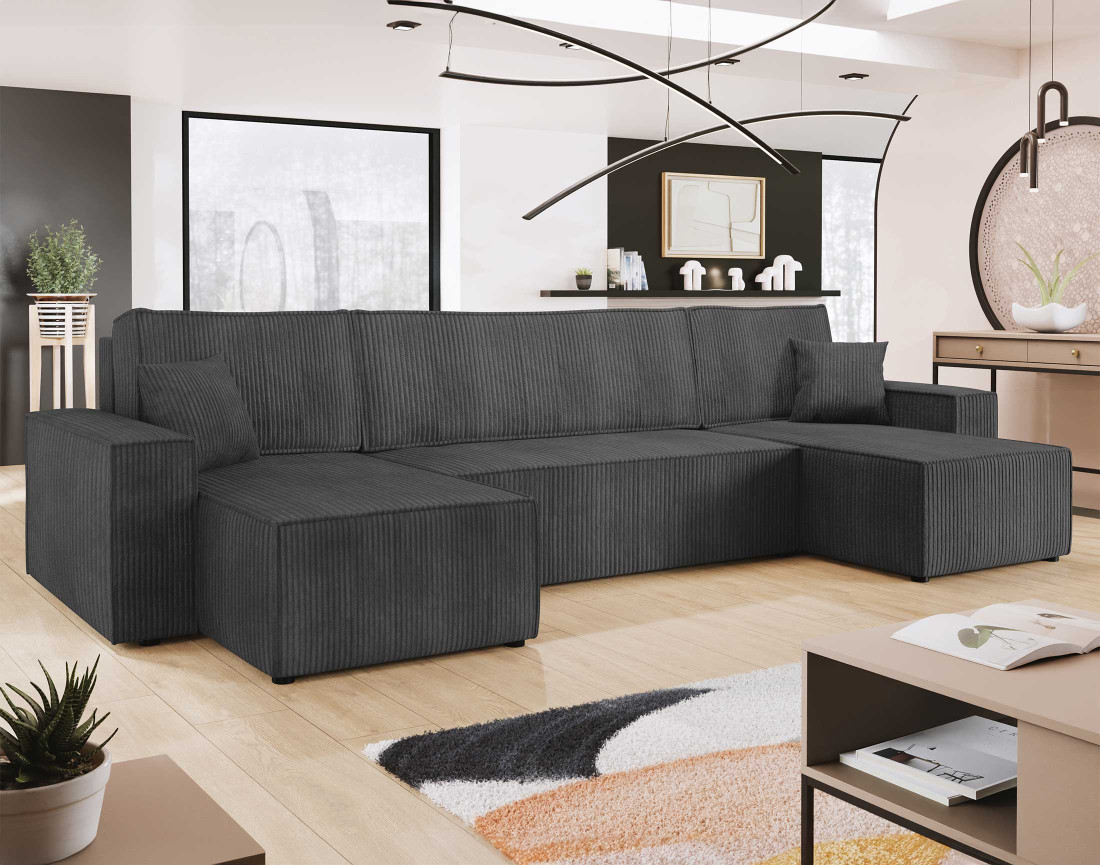 Canapé panoramique en U 7 places convertible avec coffre en velours côtelé Cezanne