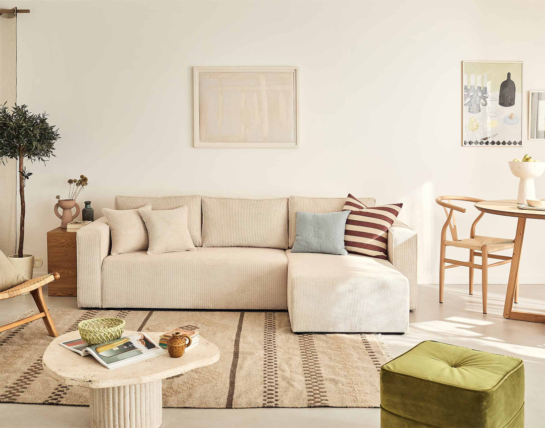 Canapé d'angle réversible 4 places convertible avec coffre en velours texturé Topaze Canapé d'angle réversible 4 places convertible avec coffre en velours texturé Topaze