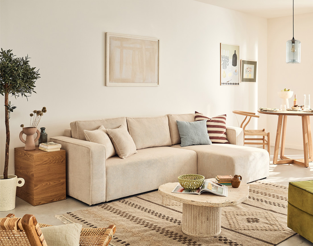 Canapé d'angle réversible 4 places convertible avec coffre en velours texturé Topaze Canapé d'angle réversible 4 places convertible avec coffre en velours texturé Topaze