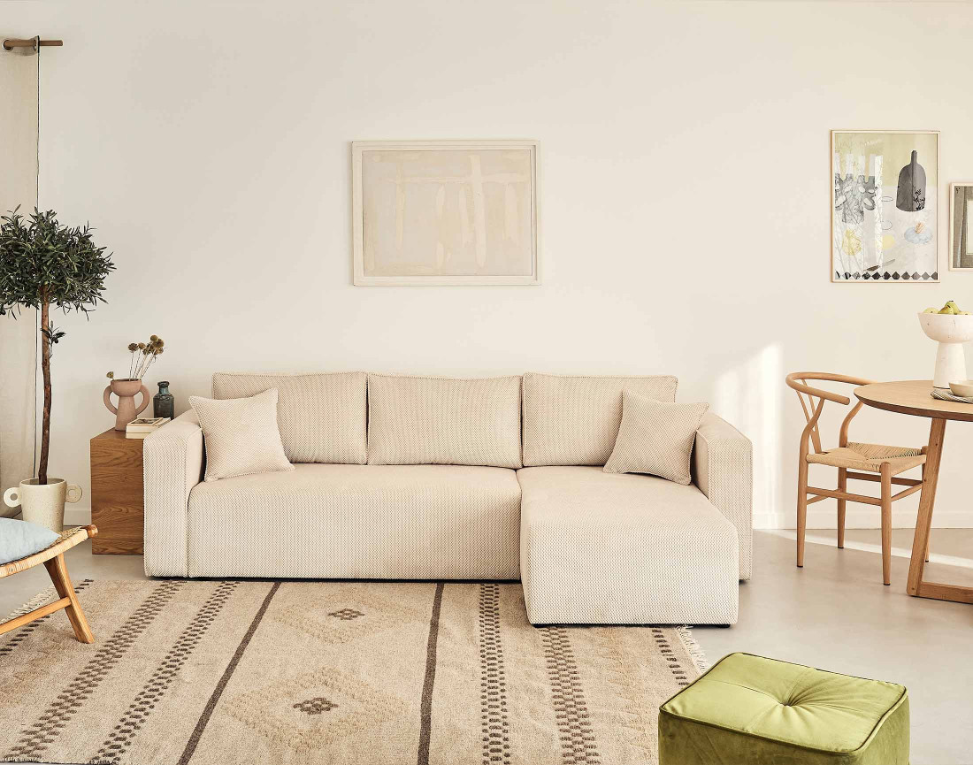 Canapé d'angle réversible 4 places convertible avec coffre en velours texturé Topaze Canapé d'angle réversible 4 places convertible avec coffre en velours texturé Topaze