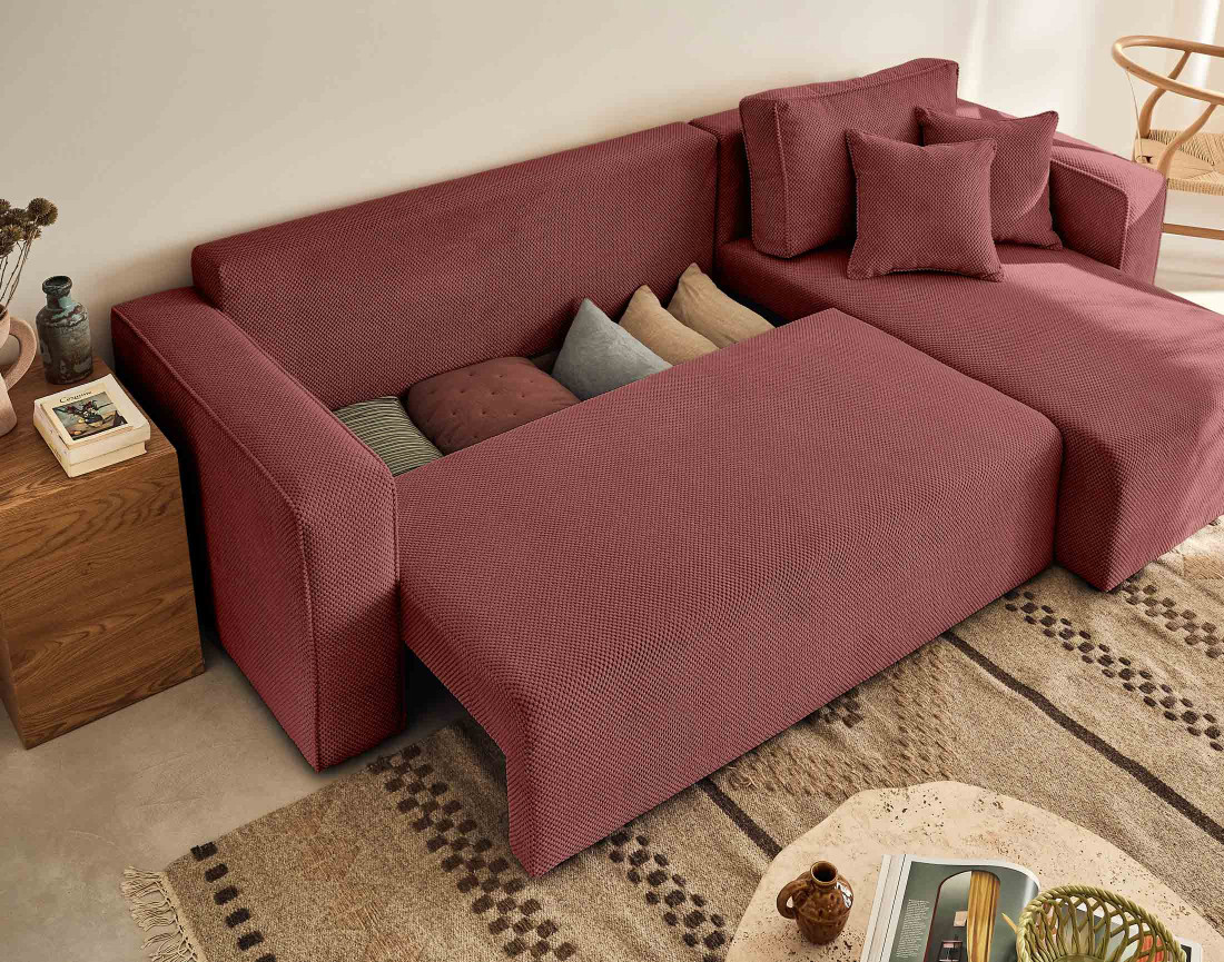 Canapé d'angle réversible 4 places convertible avec coffre en velours texturé Topaze Canapé d'angle réversible 4 places convertible avec coffre en velours texturé Topaze