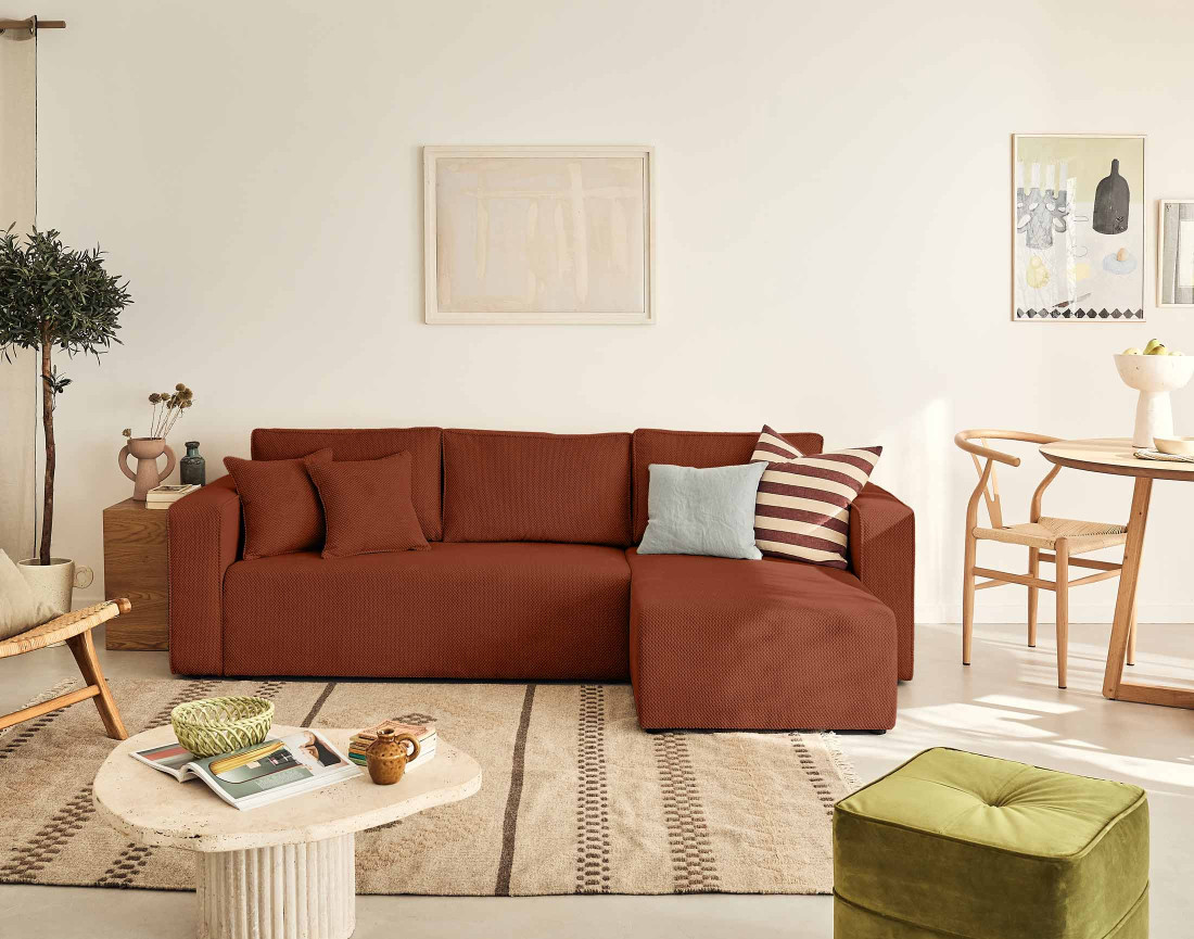 Canapé d'angle réversible 4 places convertible avec coffre en velours texturé Topaze