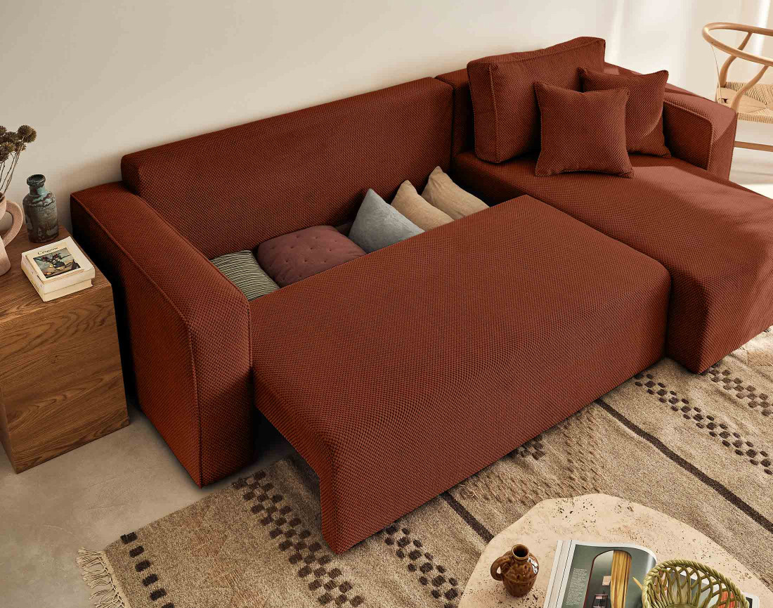 Canapé d'angle réversible 4 places convertible avec coffre en velours texturé Topaze